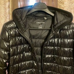Calvin Klein men's super shine puffer with knit detail at hood, cuffs and hem